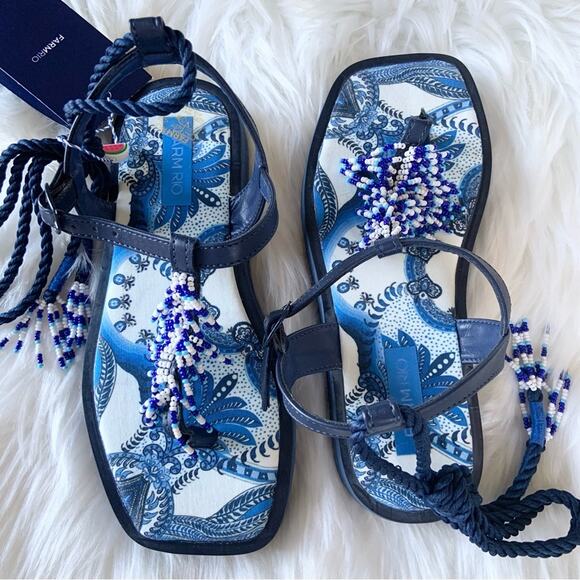 Farm Rio Blue Beaded Flat Lace Up Sandals White Vacation Size 6 NEW WITHOUT BOX - Picture 7 of 16
